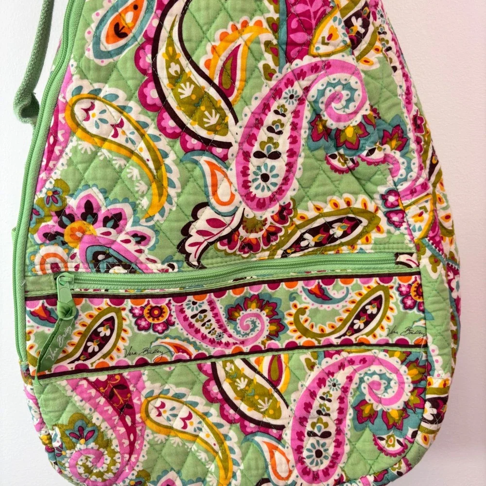Vera Bradley Green Pink Paisley Quilted Sling Backpack Crossbody Bag